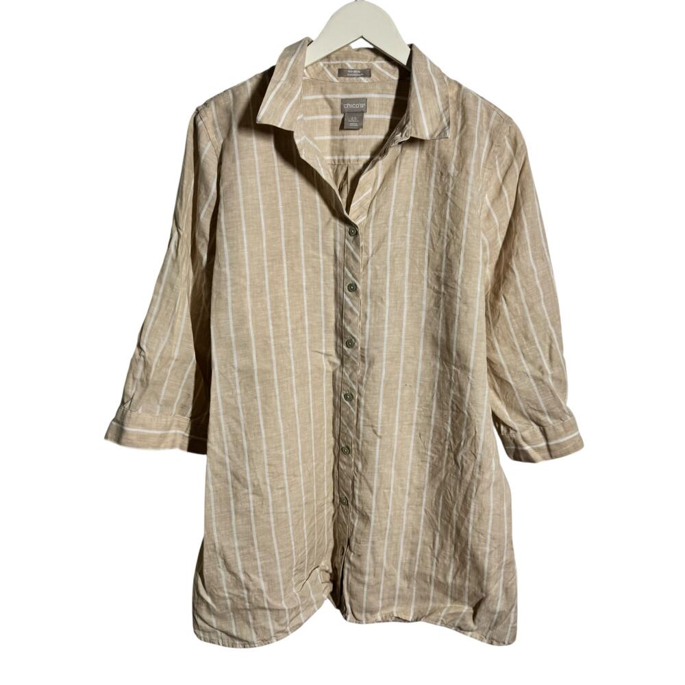 Chico's Linen Minimal Button Up‎ Blouse Shirt Women 14 Tan White Stripe Coastal